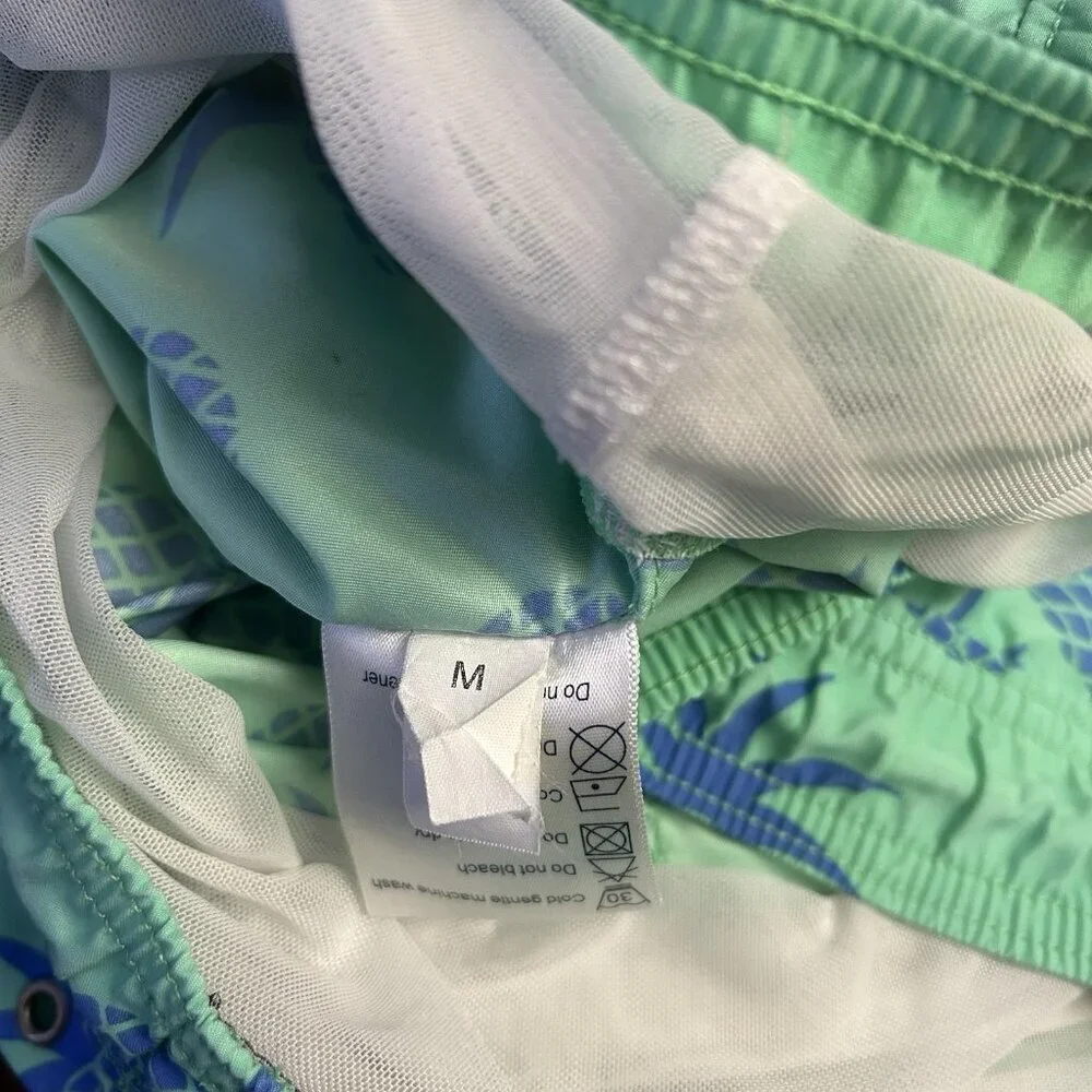 Tom Teddy Swim Trunks Green Blue Pineapple Print Liner Pockets‎ Stretch Summer M